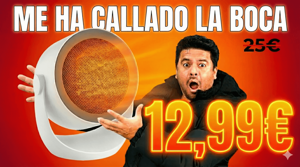 Reviewer con cara de sorpresa mostrando calefactor cerámico rebajado de 25 a 12,99 euros.