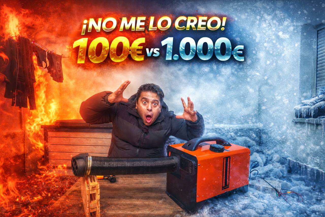 Posonty probando calefacción estacionaria vevor en patio comparativa precio 100 vs 1000 euros